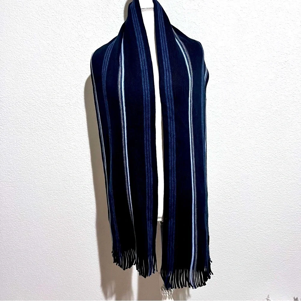 Bruno Piattelli Blue Striped Wool Blend Scarf Fringe